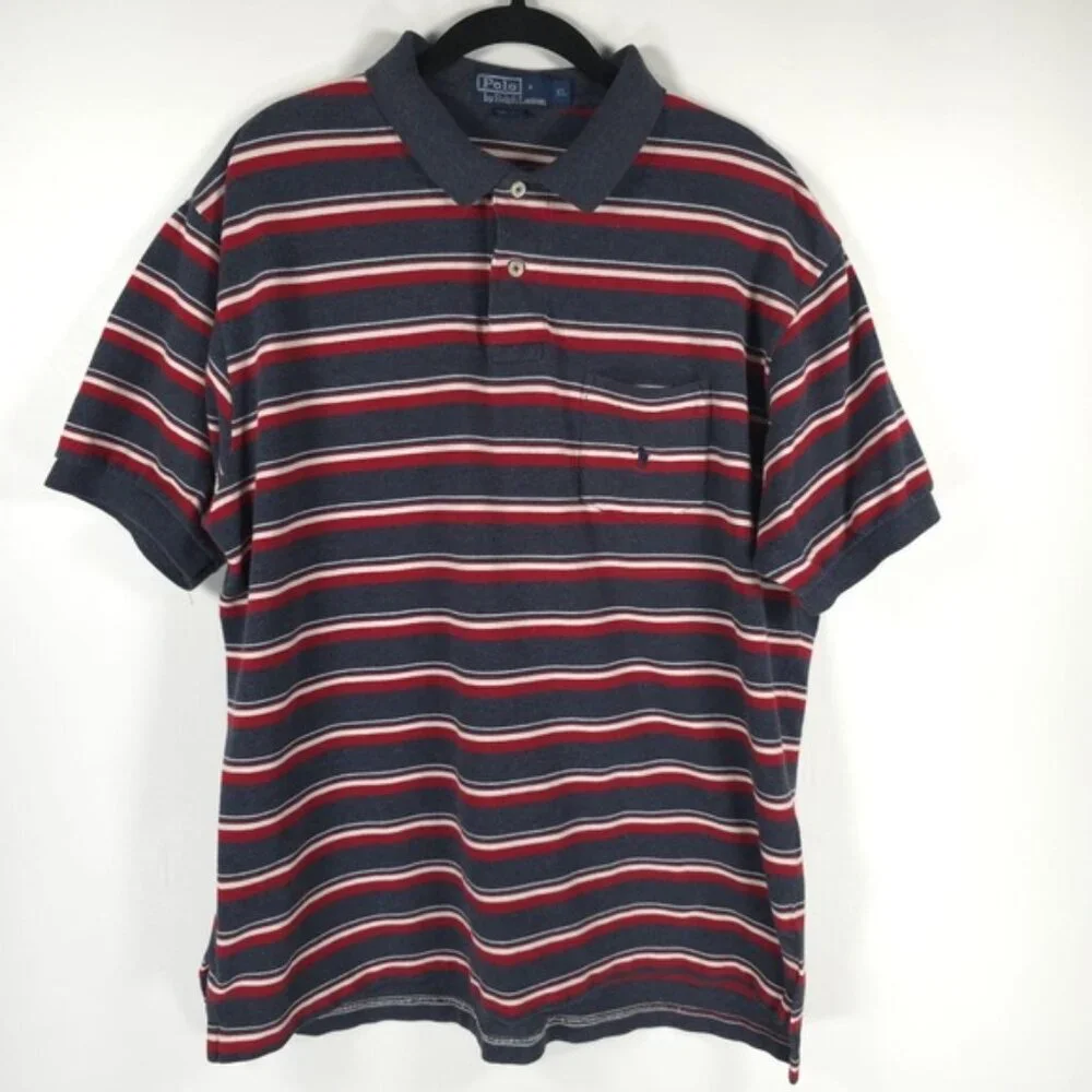 POLO RALPH LAUREN VTG Bolivia Made 🇧🇴 Striped Mesh Polo Shirt‎ Pocket Chest XL